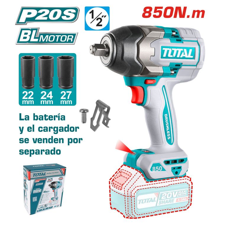 LLAVE DE IMPACTO 1/2" 20V 850NM INDUSTRIAL BRUSHLESS TOTAL TIWLI20851