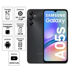 SAMSUNG - Celular Galaxy A05s 128GB 6GB ram cámara principal 50MP frontal 13MP 67 negro
