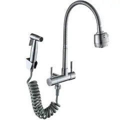 GENERICO - LLAVE DE COCINA FLEXIBLE PARED CON DUCHA BIDET SATINADO