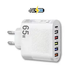 GENERICO - Cargador de pared 6 Puertos USB - USB C 65w carga rápida