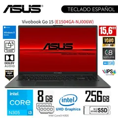 ASUS - Laptop Vivobook Go 15 E1504GA-NJ006W 15.6" FHD Intel Corei3-N305 8GB RAM 256GB -Mixed Black