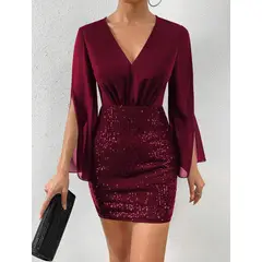 GENERICO - Vestido Vino con Lentejuelas y Mangas Fluidas