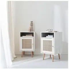 TU MESITA - MESA DE NOCHE VELADOR AELU COLOR BLANCO CON REJILLA DE RATAN