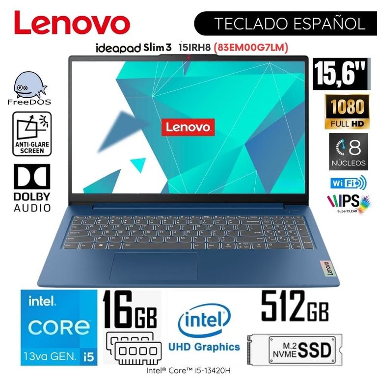 Laptop Ideapad Slim 3 15IRH8 15.6” FHD Intel Core i5-13420H RAM 16GB SSD 512GB 83EM00G7LM