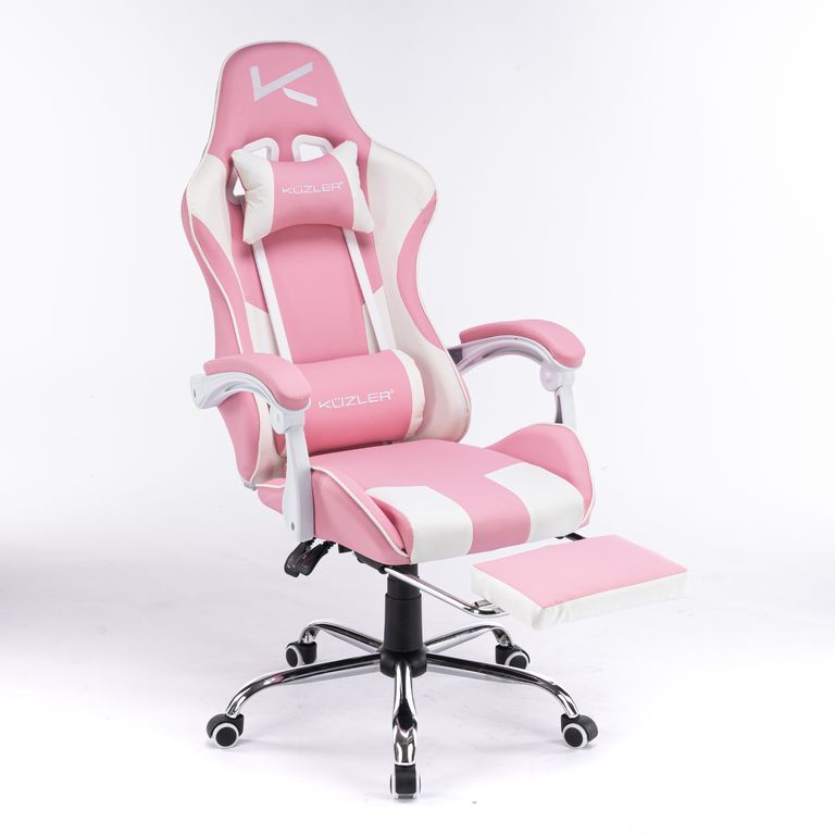 Silla Gamer Rosa Masajeador Lumbar Reposapiés y Base Metálic
