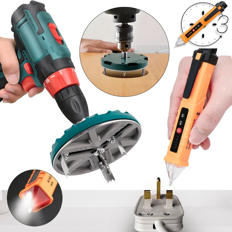 Adaptador Sierra de Perforado + Medidor Voltaje Para Taller u Hogar