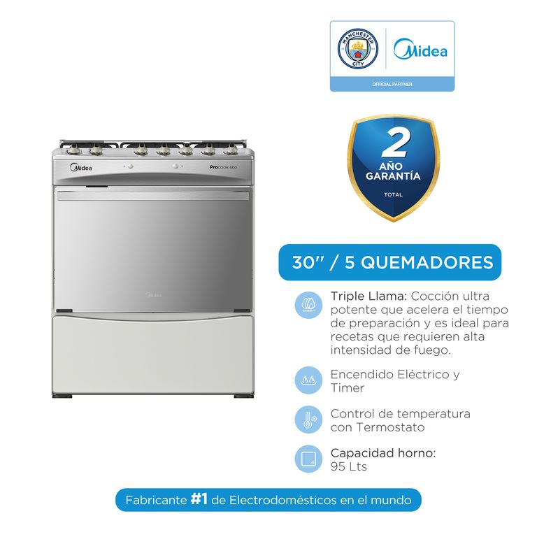 Cocina a Gas MGS30FS2LBBMSS Procook 30’’ 5 Quemadores Acero Inox