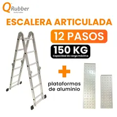QRUBBER - Escalera multiposición articulada aluminio 12 peldaños 3.5 M + Plataformas