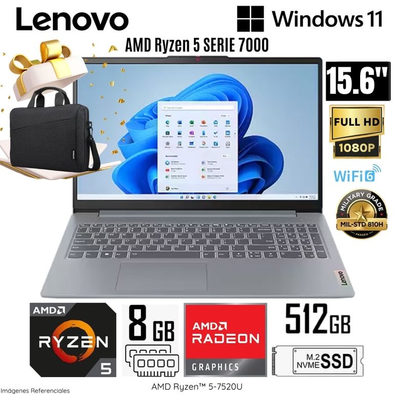 Laptop Ideapad Slim 3 AMD Ryzen 5-7520U 8GB RAM 512GB SSD 15.6" FHD 82XQ00LTLM + Maletín