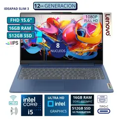 LENOVO - Laptop IdeaPad Slim 3 15.6" FHD TN, Core i5-12450H, 12va Gen, Ram 16GB, SSD 512GB windows