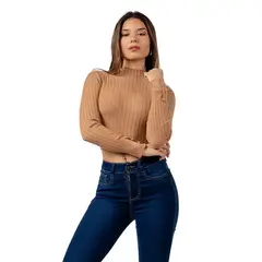 INDEMA - Chompa Crop Cuello Alto de Cashemira Color Camel