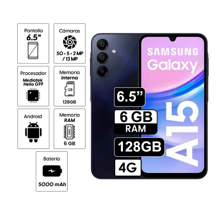 Celular Galaxy A15 4G 6GB 128GB Negro Azulado