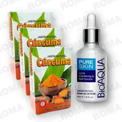 BIOAQUA - KIT 3 JABÓNES EN BARRA DE CÚRCUMA 110G Y SERUM ANTI ACNÉ 30ML