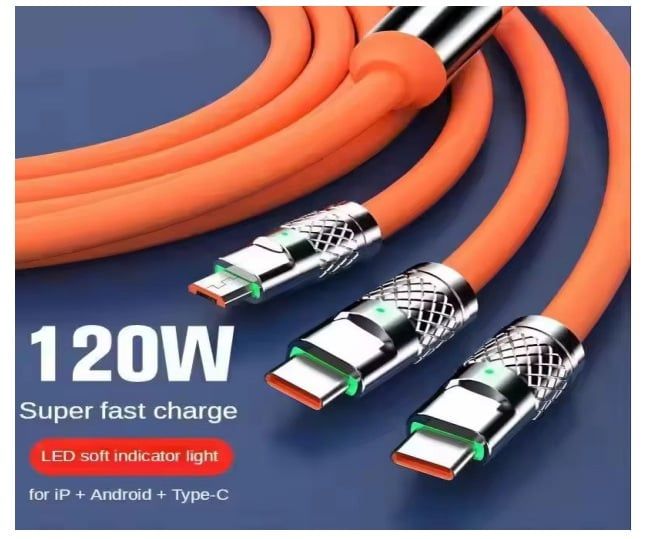 CABLE 3 EN 1 DE GROSOR EXTRA REFORZADO 120W CARGA RAPIDA 1.2 METROS