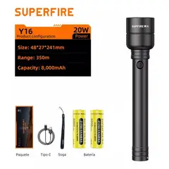 OEM - SUPERFIRE Y16 Linterna LED Recargable 20W, 2000 lm, 8000mAh
