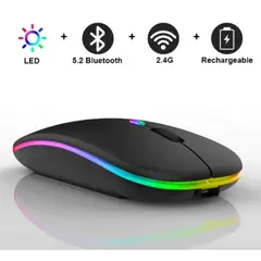 GENERICO - Mouse Inalámbrico Recargable Dual Bluetooth y USB 24G RGB NEGRO