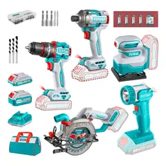 TOTAL - Taladro percutor 66nm + sierra circular + atornillador 285nm + lijadora y linterna