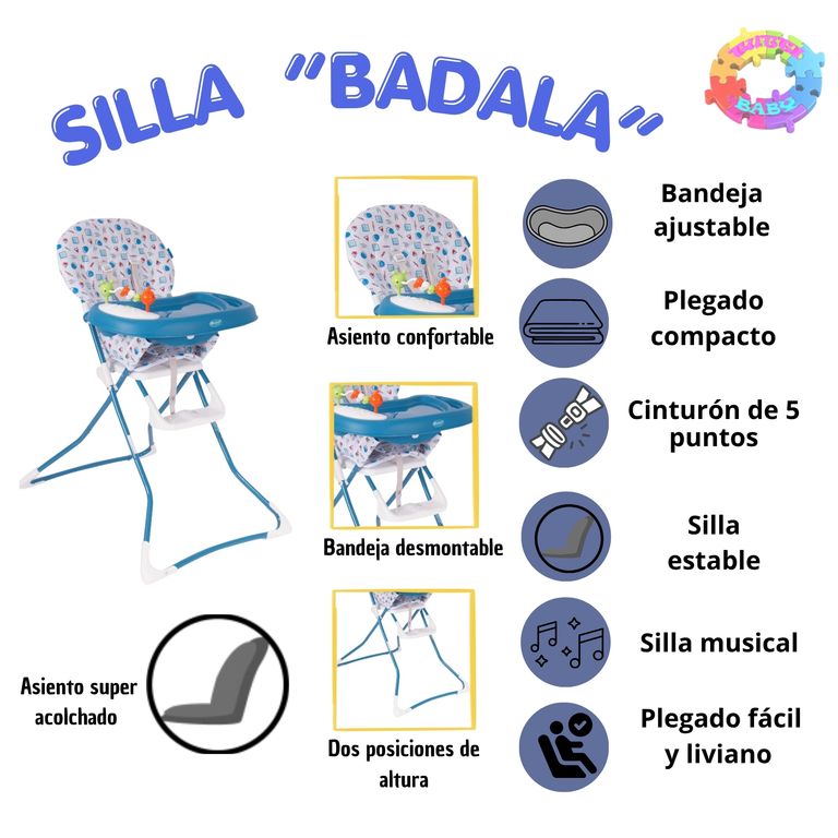 SILLA DE COMER GRADUABLE "BADALA" PARA BEBE - AZUL