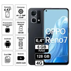 OPPO - Celular Reno 7 128GB, 6GB ram, cámara principal 64 + 2 + 2MP, frontal 32MP, 6.43", negro