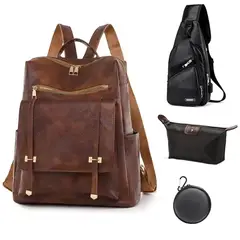 OVOTOUMI - 4 en 1 Mochila Cartera Bolso Juvenil de Mujer Impermeable SH -Marrón