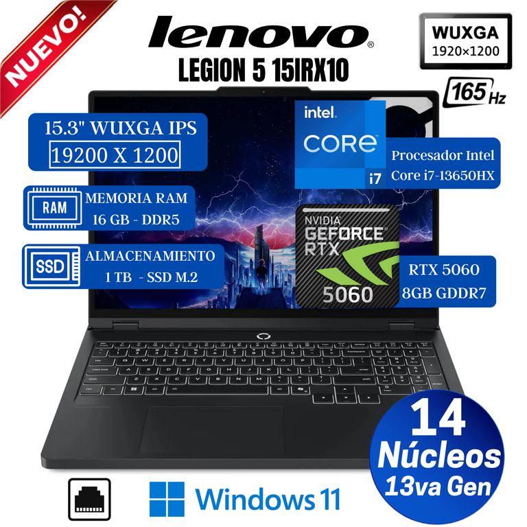 Laptop Legion 5 15IRX10 15.3” WUXGA IPS, Core i7-13650HX, Ram 16GB, Ssd 1TB, Rtx 5060, Win 11