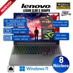LENOVO - Laptop Legion Slim 5 16AHP9 16” WQXGA, Ryzen 7-8845HS, Ram 16GB, SSD 512GB, RTX 4060 8GB, Win11