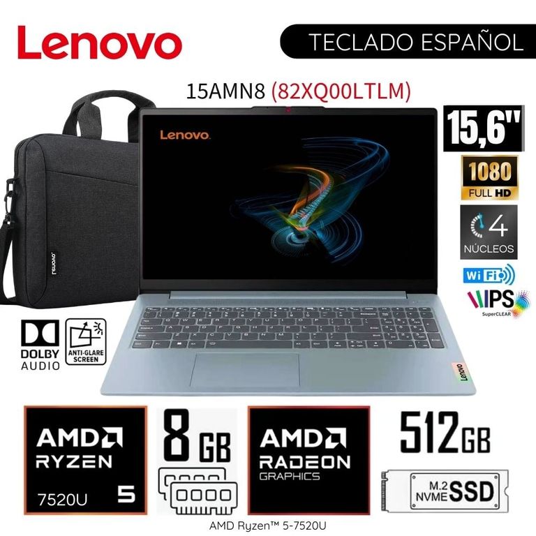 Laptop Slim 3 15AMN8 AMD Ryzen 5-7520U 8GB RAM 512GB SSD 15.6" FHD 82XQ00LTLM WIN11+ MALETIN
