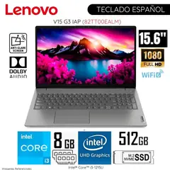 LENOVO - Laptop V15 G3 IAP Intel Core i3 1215U 8GB RAM 512GB SSD 15,6 Pulg FHD - 82TT00EALM