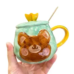 ELMEJORPRECIO - Taza Con Tapa y Cuchara Diseños De Osos Kawaii Verde
