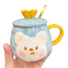 ELMEJORPRECIO - Taza Con Tapa y Cuchara Diseños De Osos Kawaii Celeste