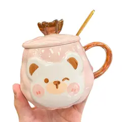 ELMEJORPRECIO - Taza Con Tapa y Cuchara Diseños De Osos Kawaii Rosado