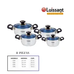 LUISSANT - JUEGO DE OLLAS EN ACERO INOXIDABLE 8 Pzas