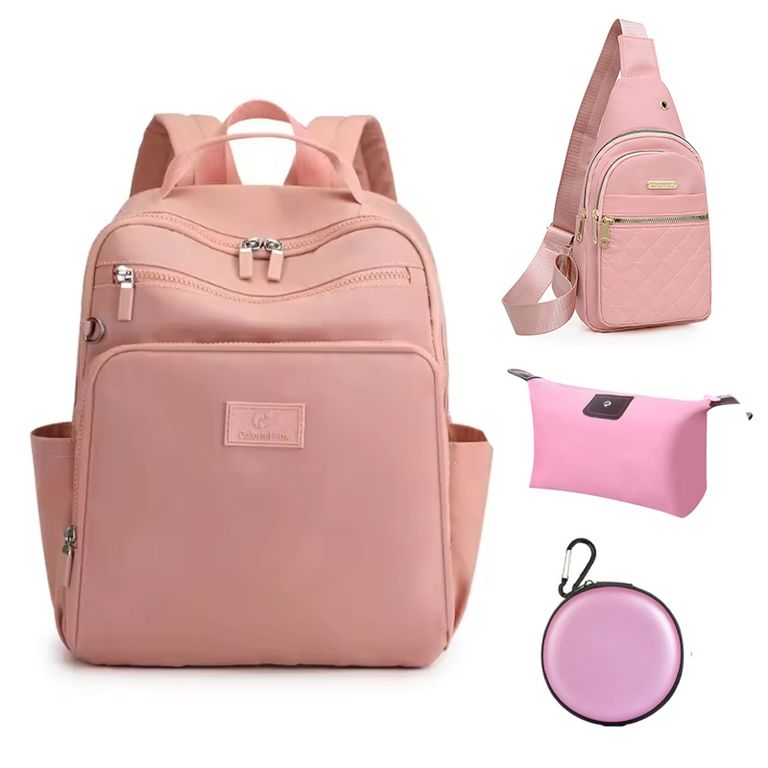 4 en 1 Mochila Cartera Bolso Juvenil de Mujer Impermeable ZXF-Rosa