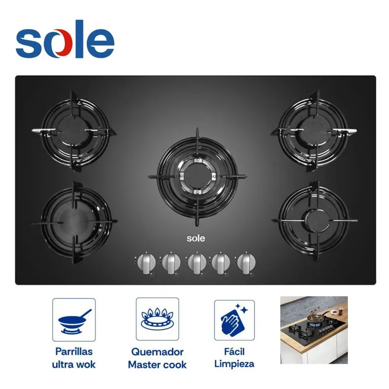 Cocina Empotrable Vidrio Templado de 5 Hornillas 86 cm SOLCO033