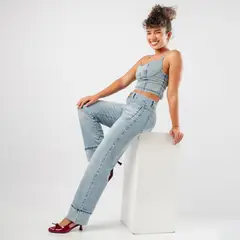 ROXJES JEANS - Jean Wide Leg Liso Con Basta Doblada Mujer
