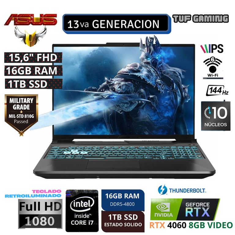 Laptop Gamer TUF F15 de 15.6", Intel Core i7, 10 núcleos, NVIDIA GeForce RTX 4060, 16GB RAM