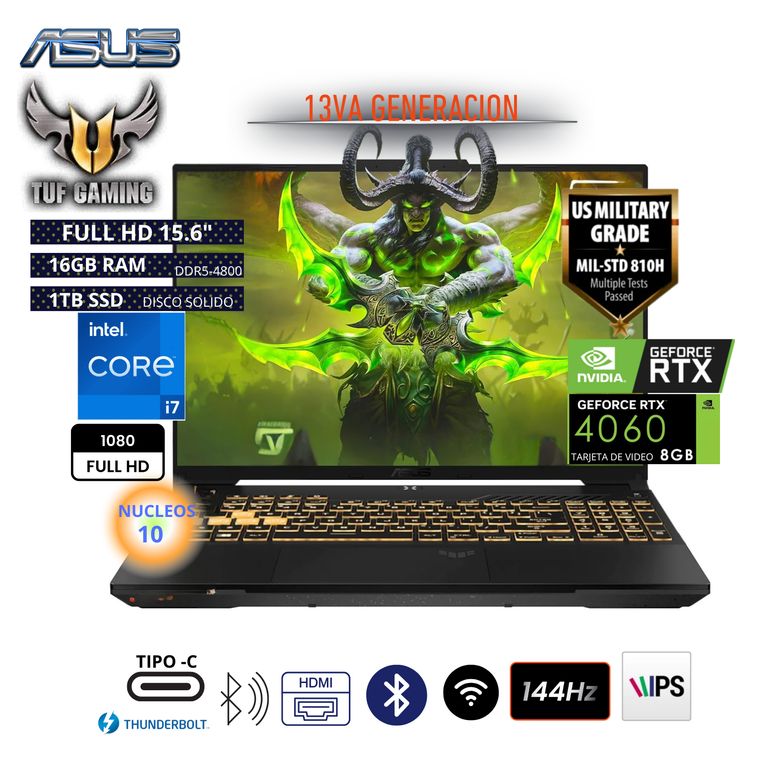 Laptop Gamer TUF F15 de 156 Intel Core i7 NVIDIA GeForce RTX 4060 16GB RAM 1TB SSD