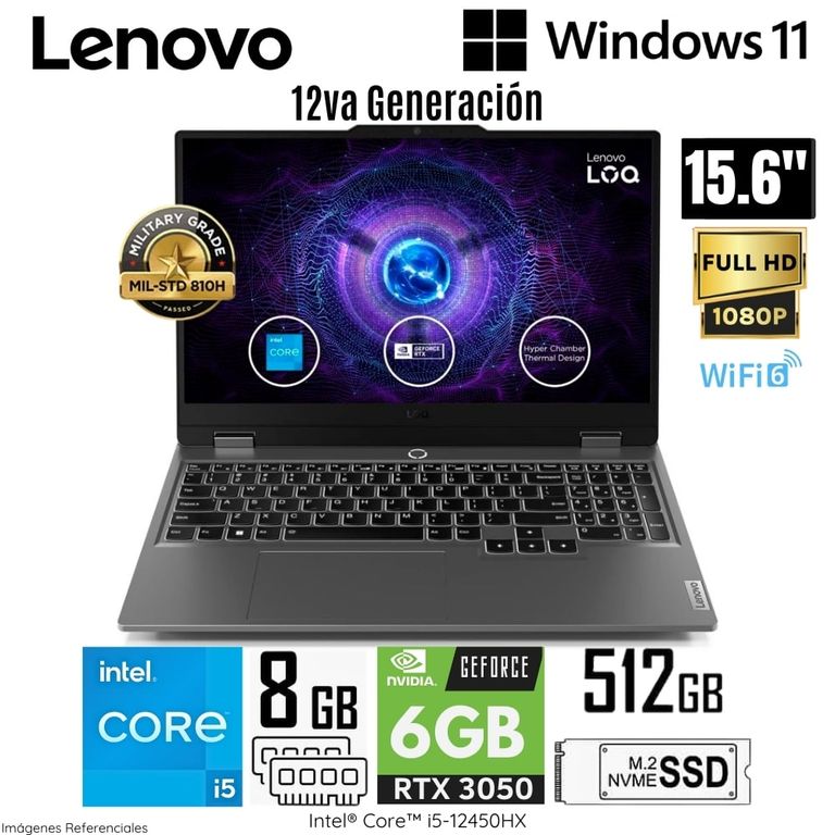 Laptop LOQ 15IAX9 Intel Corei5-12450HX 8GB RAM 512GB SSD 15.6" FHD RTX3050-6GB 83GS000BLM