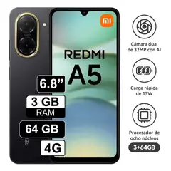 REDMI - Celular Xiaomi A5 4G 64GB 3GB RAM cámara principal 32MP frontal 8MP 688 Negro