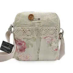 MUNAIQUI - Morral para dama modelo Floral beige con blonda de lona algodonada