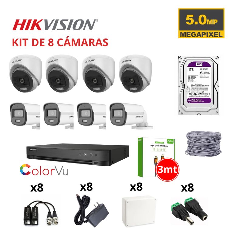KIT 8 CÁMARAS DE SEGURIDAD 5MP COLOR VU C/AUDIO + DISCO 1TB PURPURA