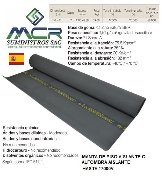 Manta para piso dieléctrica de piso 10mts hasta 17000V CLASE 2 EUROPEO