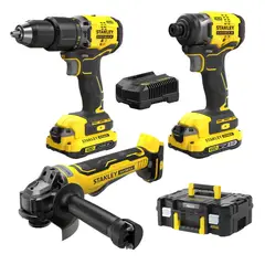 STANLEY - Taladro percutor + Atornillador de impacto + Amoladora 20v