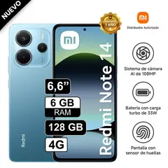 REDMI - Celular Xiaomi Note 14 4G 128GB 6GB RAM cámara 108MP, cámara frontal 20MP, 6.6" Pulg Azul