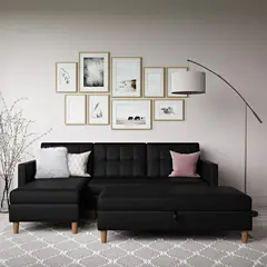 ARTSOFA - Sofá Seccional Hatford negro tela tejida 2 piezas + baúl