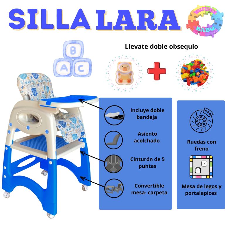SILLA DE COMER ESCRITORIO LARA 4 EN 1 CON RUEDAS COLOR AZUL , DE OBSEQUIO PLATITO PARA BEBE + 1 BOLSA DE LEGOS