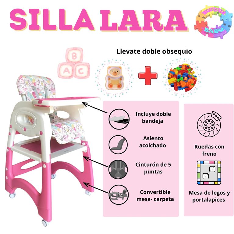 SILLA DE COMER ESCRITORIO LARA 4 EN 1 CON RUEDAS ROSADO DE OBSEQUIO 1 PLATITO PARA BEBE + 1 BOLSA DE LEGOS