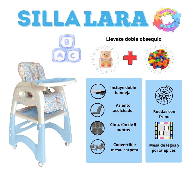 SILLA DE COMER ESCRITORIO LARA 4 EN 1 CON RUEDAS COLOR CELESTE , DE OBSEQUIO PLATITO PARA BEBE + 1 BOLSA DE LEGOS