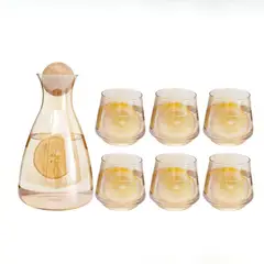 GENERICO - Set 6 vasos + 1 Jarra de vidrio Aesthetic con Tapa de Bambú color Dorado