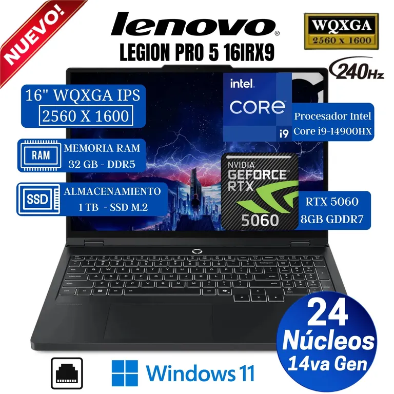 Laptop Legion Pro 5 16IRX10 16" WQXGA, Core i9-14900HX, Ram 32GB, Ssd 1 TB, RTX 5060, Win 11
